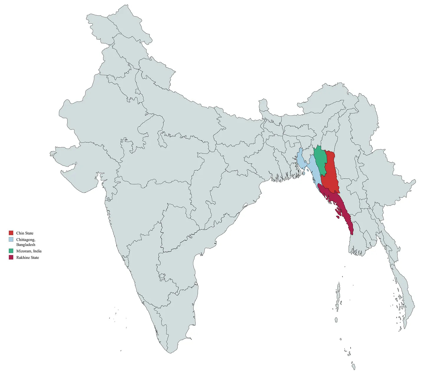 View of all of India, Bangladesh, and Myanmar
